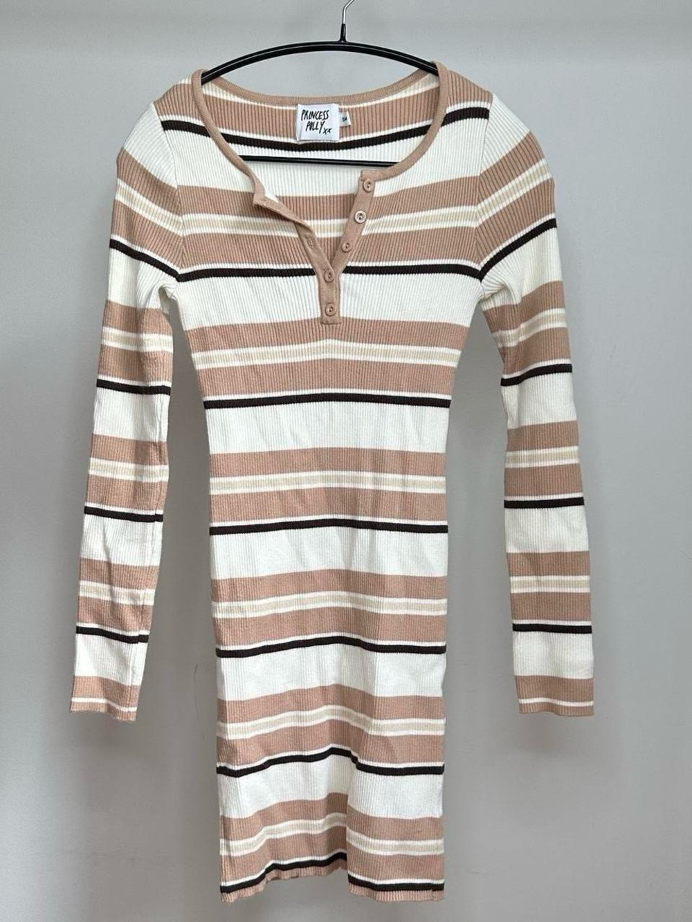 Princess Polly Cream & Beige Striped Ribbed Henley Dress